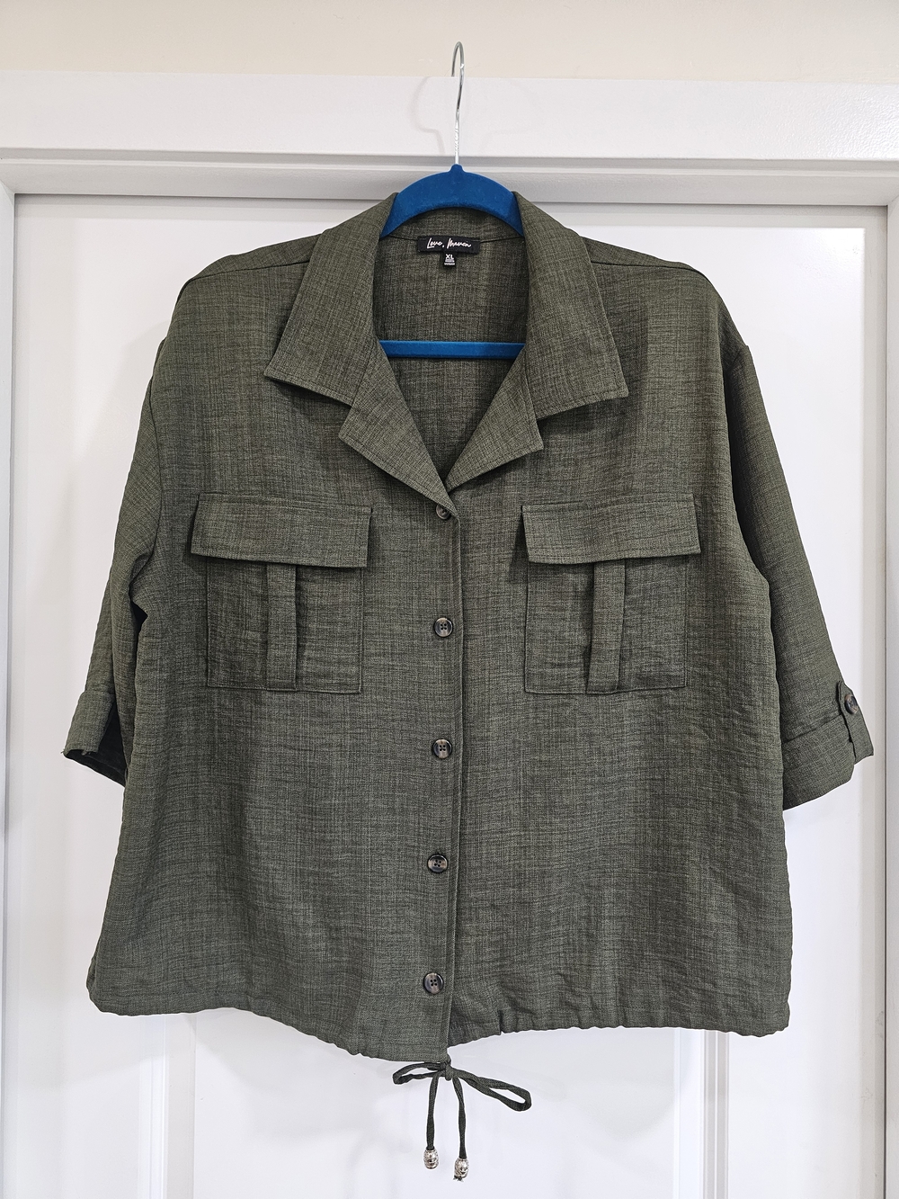 Love, Maven Olive Green Button-Up Blouse 3/4 Sleeve Drawstring Pockets XL